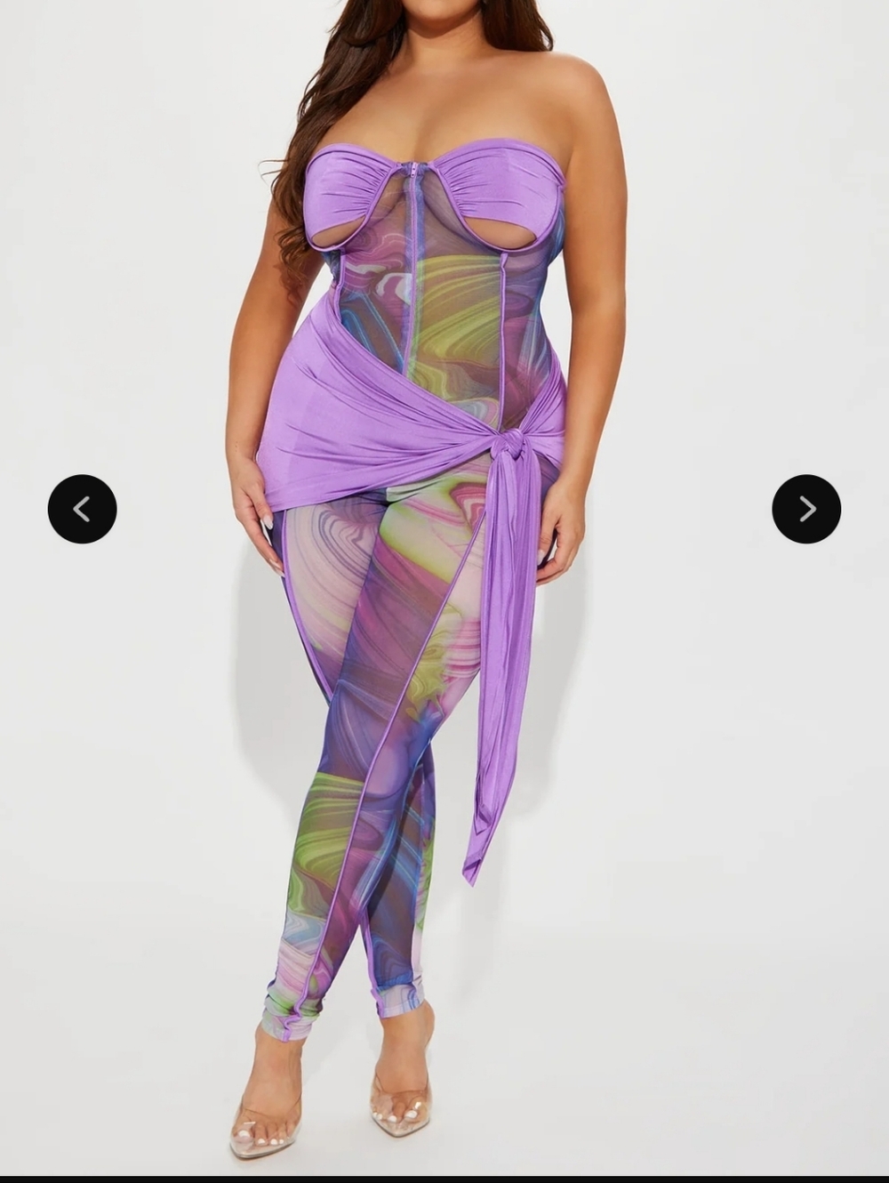 Fashion Nova Amara Purple Cream And Green Swirl Mesh Jumpsuit 1X New With Tag